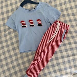 Light Blue & Red Kids Pajama Set with Striped Pants